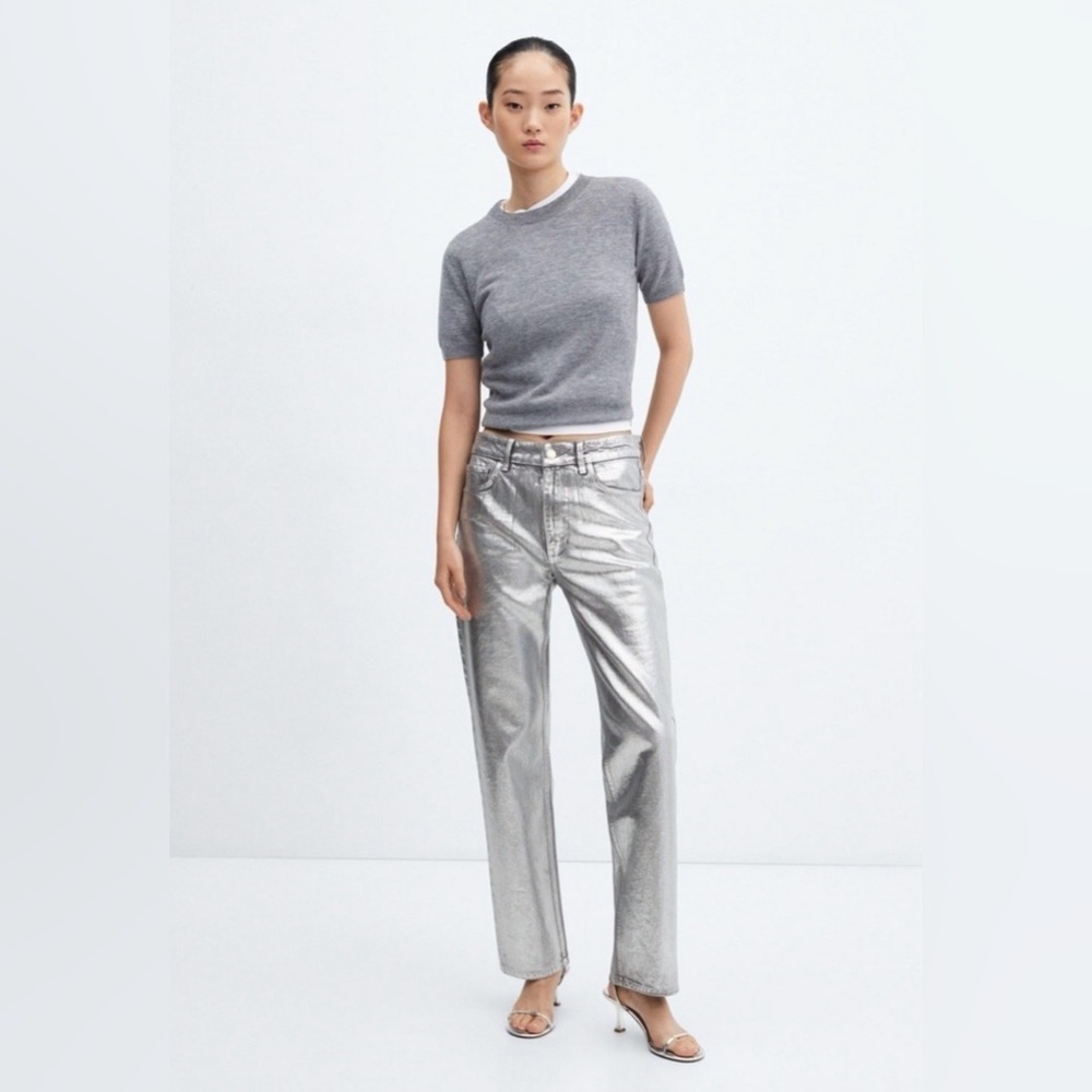 Mango Metallic wide leg straight leg mid-waist jeans 10